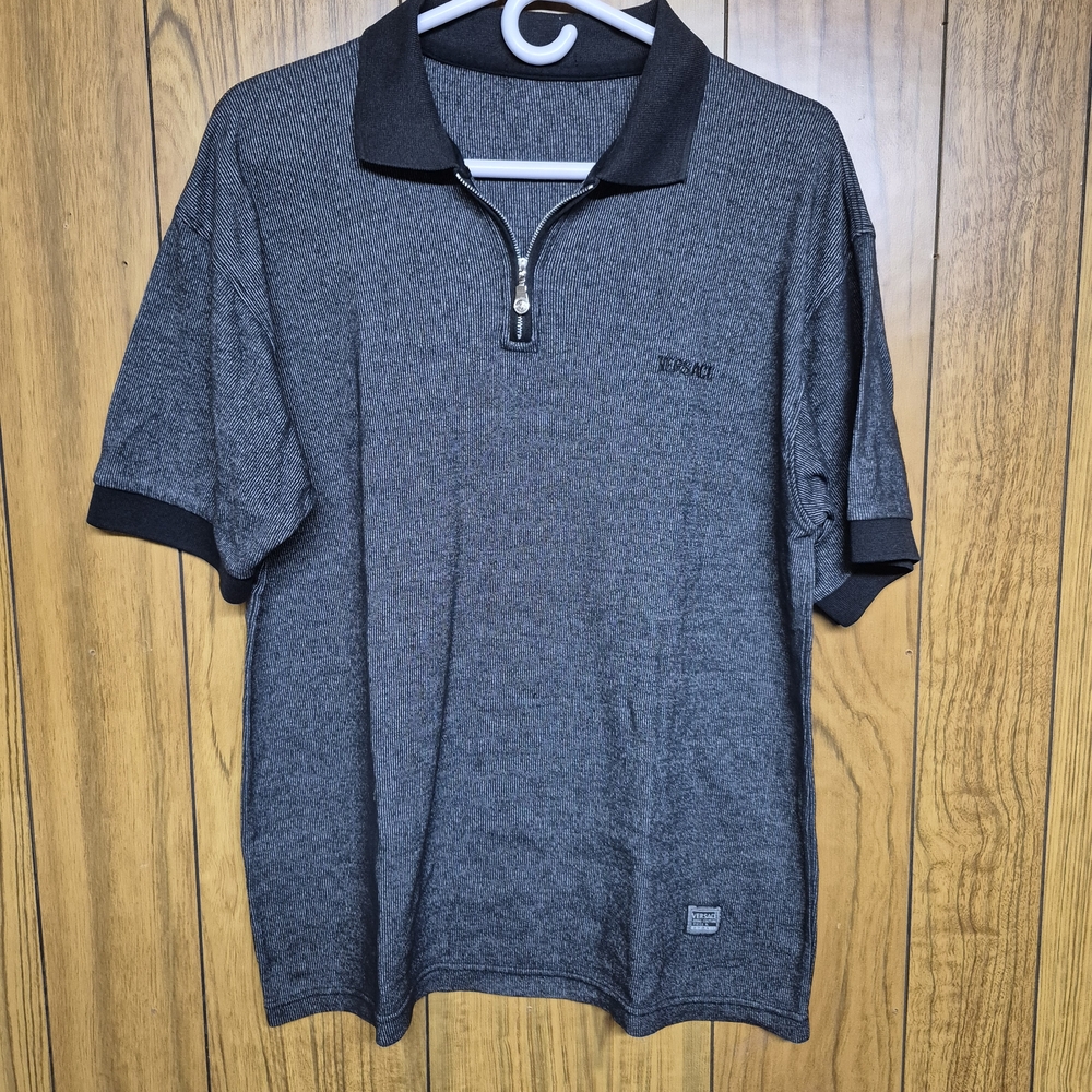 Versace Jeans Couture Vintage 1/4 Zip Textured Knit Polo Shirt - Black/Gray - XL